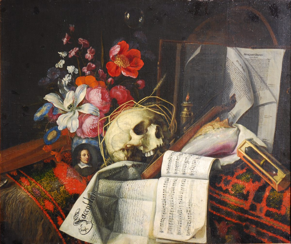 Cornelis Norbertus Gijsbrechts Vanitas-Stillleben mit Dokument, Nottenblättern und einem Blumenstrauß (1662) Öl auf Leinwand , 70 x 83 cm © Martin von Wagner Museum.