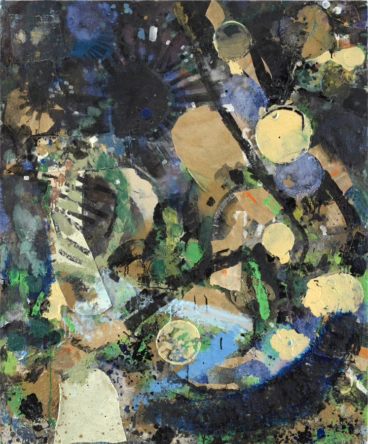 Painting titled: Mum, do caterpillars go to heaven? ( 2025 ) 145 x 120 cm (57 ³/₃₂ x 47 ¹/₄ in.) Acrylic, silk, canvas, sand, wood, on canvas. Shadowtime 2025 by Michael Markwick, 145 x 120 cm (57 ³/₃₂ x 47 ¹/₄ in.) Acrylic, silk, string, fabric, sand, sawdust, paper wood, on canvas. Private Commission Berlin 2025