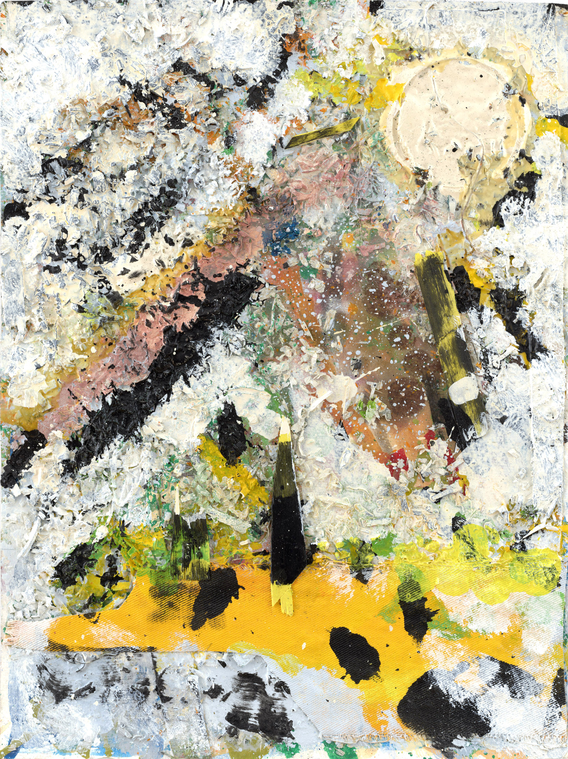 Shattered Shelter ( 2025 )
18.9" × 14.2"
Acrylic, silk, paper, string, fabric, sand, sawdust, paper, wood, on paper